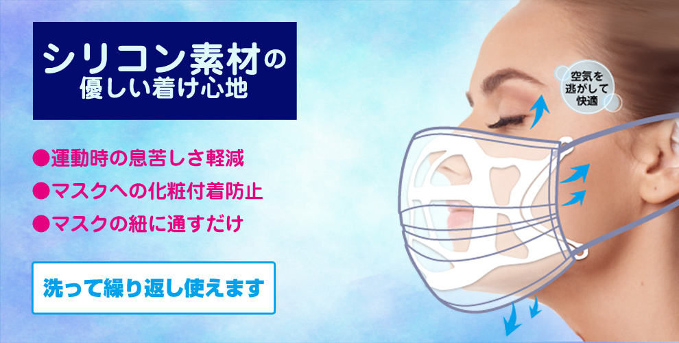 マスクの息苦しさを軽減!!マスクインナー　シリコン素材の優しい着け心地 ●運動時の息苦しさを軽減　●マスクへの化粧付着防止　●マスクの紐に通すだけ　洗って繰り返し使えます